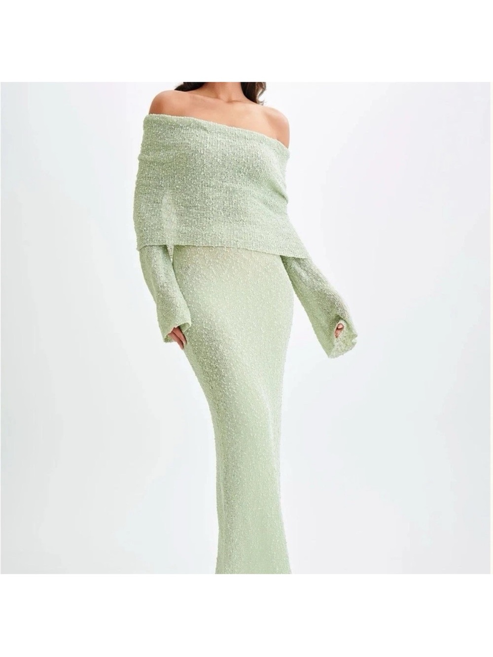 MESHKI Marisol Off-Shoulder Light Green Textured Knit Boucle Maxi Dress